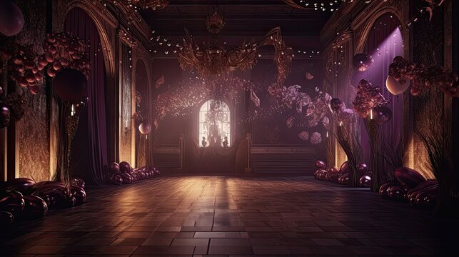 A luxurious masquerade ballroom with intricate masks, elegant chandeliers. Generated by AI.