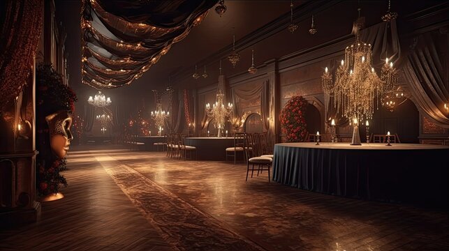 Enter a realm of mystery and grandeur at our masquerade ballroom. Generated by AI.