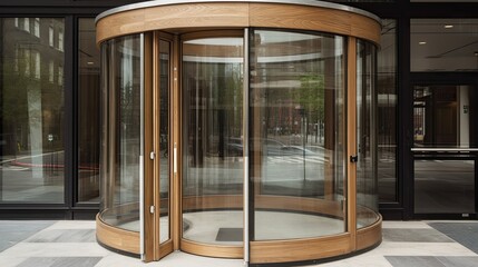 Fototapeta na wymiar Wooden frame Glass revolving door in a modern luxury building