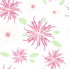 Fototapeta na wymiar Modern art abstract pink flowers and green leaves on a white background. Seamless botanical pattern for fashion fabrics. Vector.