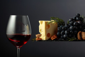 Red wine with cheese, walnuts, grapes, and rosemary.