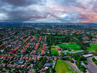 Drone Aerial view of Suburban federation residential house in Sydney NSW Australia