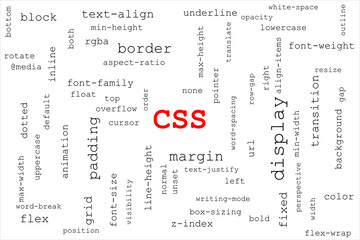 Big red title CSS in the middle with many different CSS properties randomly displayed all around the canvas. The background is white and the text is black.