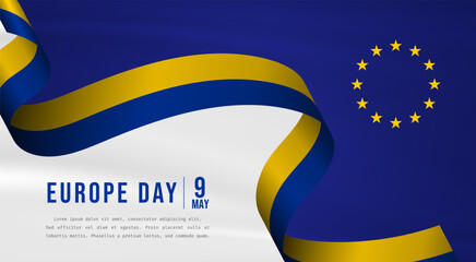 Banner illustration of Europe day celebration with text space. Waving flag and hands clenched. Vector illustration. © armankra19