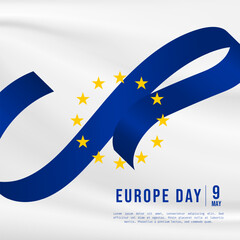 Square Banner illustration of Europe day celebration with text space. Waving flag and hands clenched. Vector illustration.