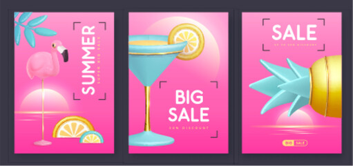 Set of summer big sale modern covers with 3d plastic pineapple, flamingo and cocktail. Summer background. Vector illustration