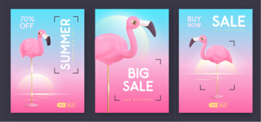 Set of summer big sale modern covers with 3d plastic flamingo and ocean landscape. Summer background. Vector illustration