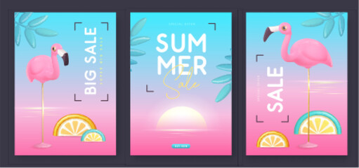 Fototapeta na wymiar Set of summer big sale modern covers with 3d plastic tropic fruits, flamingo and tropic leaves. Summer background. Vector illustration