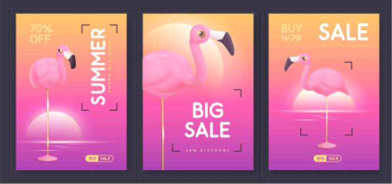 Set of summer big sale modern covers with 3d plastic flamingo and ocean landscape. Summer background. Vector illustration