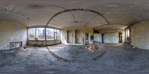 full hdri 360 panorama in empty dirty room in abandoned building damaged by explosion in spherical...