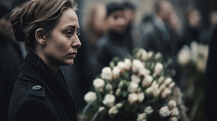 Portrait of beautiful sad woman wearing black clothes at funeral scene. Gloomy weather outdoor background. AI generative image. - obrazy, fototapety, plakaty