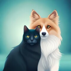 Illustration of white Dog and black Cat side by side created with Generative AI