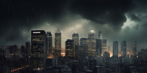 Financial Storm: City Skyline during Bank Run with Thunder and Lightning