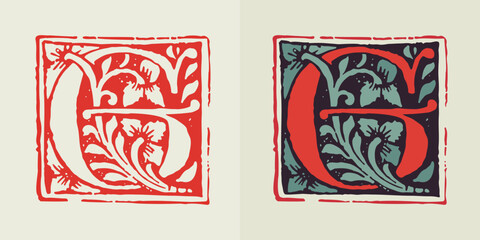 G letter medieval gothic initial. Blackletter style drop cap logo. Dim colored and monochrome square shaped illuminated calligraphy.