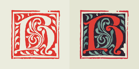 R letter medieval gothic initial. Blackletter style drop cap logo. Dim colored and monochrome square shaped illuminated calligraphy.