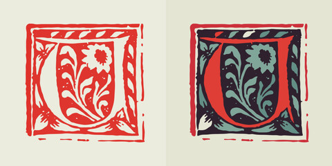 U letter medieval gothic initial. Blackletter style drop cap logo. Dim colored and monochrome square shaped illuminated calligraphy. © kaer_fstock