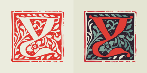 Y letter medieval gothic initial. Blackletter style drop cap logo. Dim colored and monochrome square shaped illuminated calligraphy.