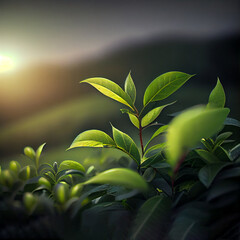Fototapeta na wymiar fresh tea shoots grow on a mountain plantation