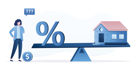 Percent sign and house on seesaw. Woman borrower is considering buying property with mortgage. High annual interest for the use of borrowed funds. Female client is thinking about buying home - obrazy, fototapety, plakaty