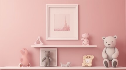 Nursery with a picture frame on a soft pink wall with a toy shelf created with generative AI technology