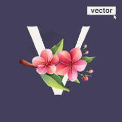 V letter logo with Sakura blooming flowers. Vector realistic watercolor style. Pink cherry petals, bud, branch, and green leaves.