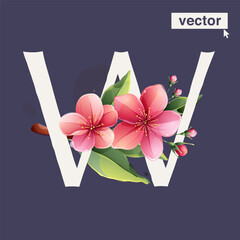 W letter logo with Sakura blooming flowers. Vector realistic watercolor style. Pink cherry petals, bud, branch, and green leaves.