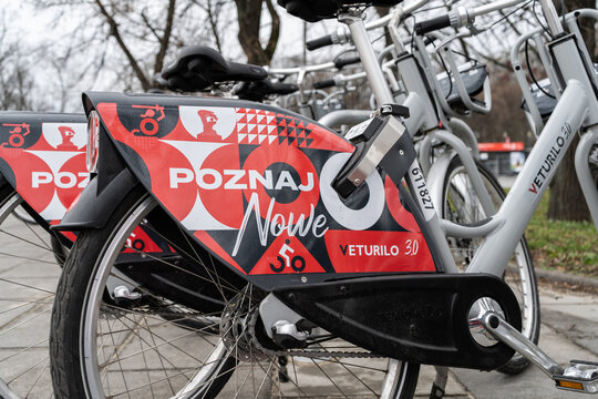 Veturilo docked bicycles to rent via app. Public bicycle sharing system in Warsaw. Warszawski Rower Publiczny shared transport service on March 24, 2023 in Warsaw, Poland.