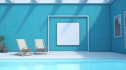 Pool house with a blank picture frame on a blue wall with two lounge chairs created with generative AI technology