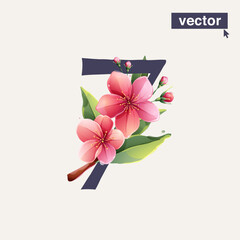 7 logo. Number seven with Sakura blooming flowers. Vector realistic watercolor style. Pink cherry petals, bud, branch, and green leaves.