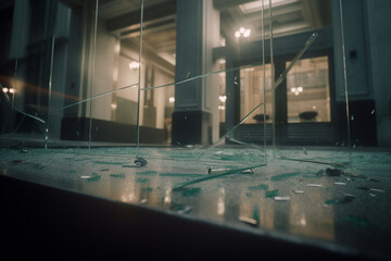 Desolate aftermath of a bank run: shattered glass and debris on the empty street