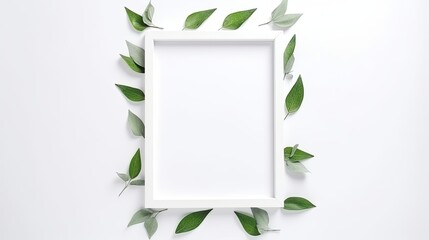 Simple white picture frame on a white background with greenery and flowers created with generative AI technology