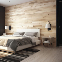 Ein Bett in einem modernen Zimmer mit einer Holzwand