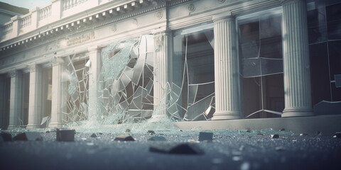 Desolate aftermath of a bank run: shattered glass and debris on the empty street