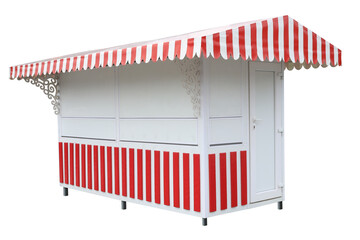 Beautiful long market stand stall with red white striped awning isolated on white background. New selling object on the street outdoor sell. Retail business concept. 