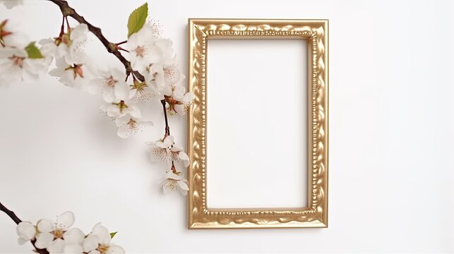 Simple gold picture frame on a white background with a branch of cherry blossoms created with generative AI technology