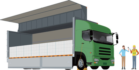 ウイングトラックとドライバーと運送会社スタッフと積み込まれた荷物のイラスト