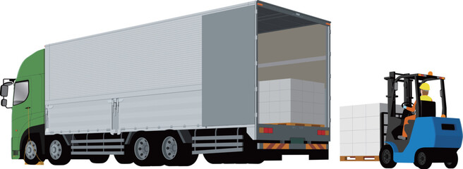 ウイングトラックとフォークリフトとリアドアから荷物の積み込みのイラスト