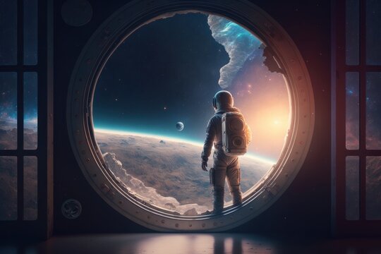 Astronaut in space looking out of the window. Generative AI