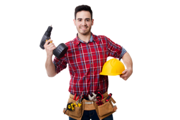 bricklayer tools and helmet isolated on white background