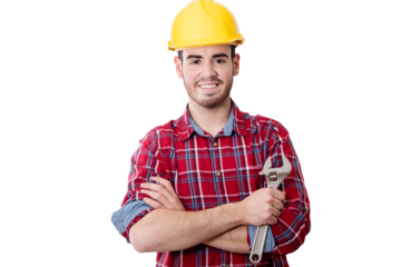 workers with helmet and lock repairs smiling in the foreground