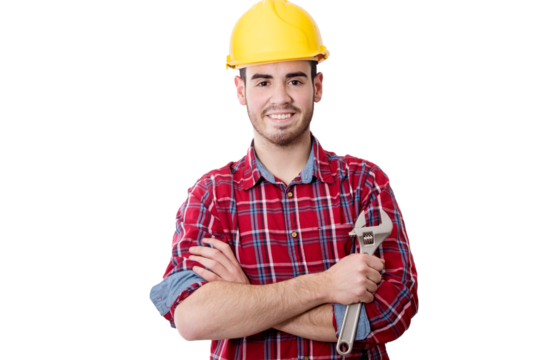 workers with helmet and lock repairs smiling in the foreground
