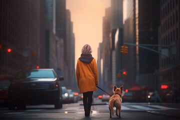 Fototapeta premium City Stroll with Canine Companion: A Woman and Her Dog Amidst Skyscrapers During Sunset