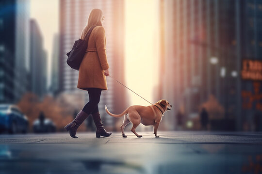 City Stroll With Canine Companion: A Woman And Her Dog Amidst Skyscrapers During Sunset