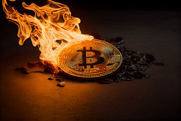 Burning in fire golden bitcoin on black background, Bitcoin coin in flames, burn cryptocurrency bit coin money, crash and blockchain bubble, Generative AI