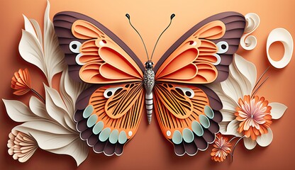 Fototapeta na wymiar butterfly - papercut craft illustration of a orange butterfly on orange background 