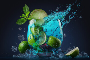 Fototapeta na wymiar Blue background with a glass of a fresh mojito cocktail made with lime, mint and ice. A frozen cocktail created in a studio complete Generative AI technology with Generative AI technology 