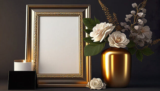Golden luxury frame with candle in warm light for good memories, love and celebration. AI Generated.