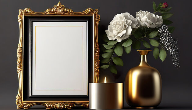 Golden vintage and luxury frame with candle in warm light for good memories, love and celebration. AI Generated.