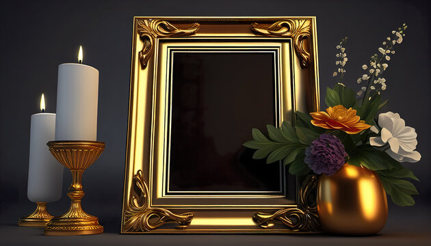 Golden luxury frame with candle in warm light for good memories, love and celebration. AI Generated.
