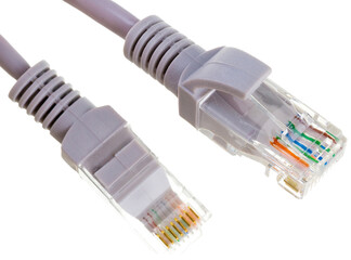 colored ethernet plug with cable isolated on white background close-up